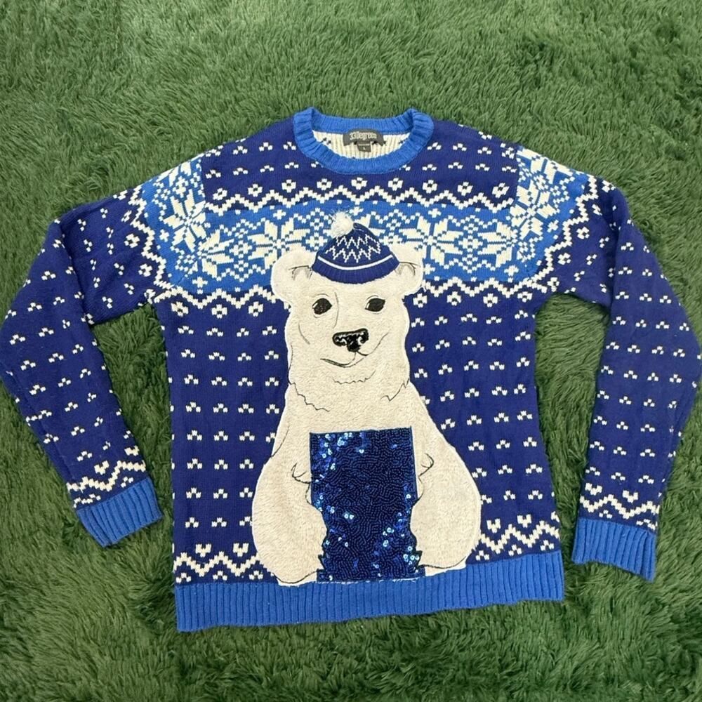 Ugly Christmas Sweater French Polar Bear Large Blue White Black 33 Degrees